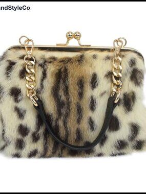 Genuine Rabbit Fur Kisslock Handbag Clutch with Chain Shoulder Strap